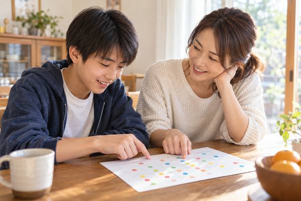 自宅のダイニングで、親子が一週間の学習記録表を指差しながら、どこが変わったかを確かめている様子