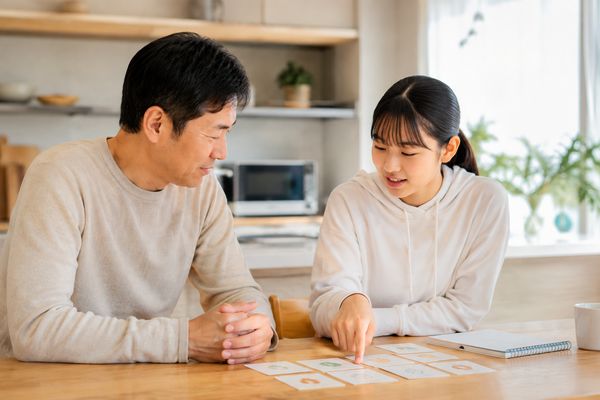 自宅のダイニングで保護者と中学生が並び、教科ごとのカードを見ながら次の一週間に取り組む一つを一緒に決めている様子