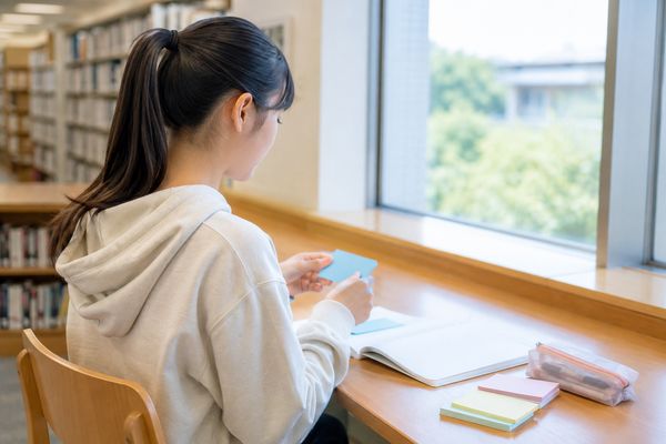 図書館の窓際の席で、高校入学に向けて英単語カードと問題集を見直している中3の生徒