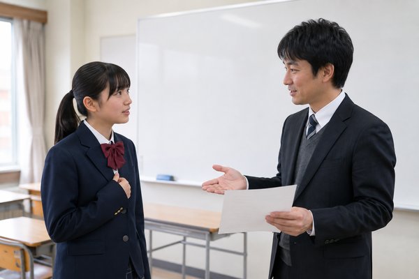 放課後の教室で制服の中学生が、プリントを手にした教科担当の先生へ落ち着いて質問している様子