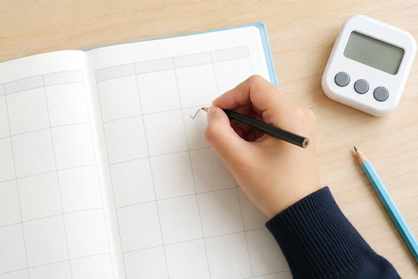 週間予定帳に次の一行動のチェックを一つだけ書き込む中学生の手とタイマー