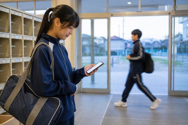 部活動を終えた中学生が学校の昇降口で立ち止まり、その週の予定を確かめている様子