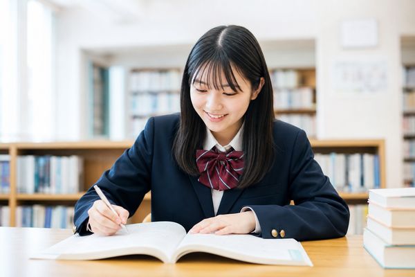 学校の図書室で参考書の例題を解き、手が動いて安心した表情の高校生