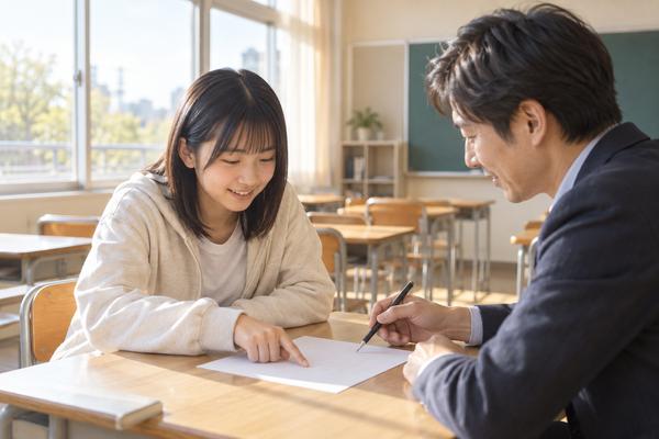 教室で先生に評価の観点を質問している中学生