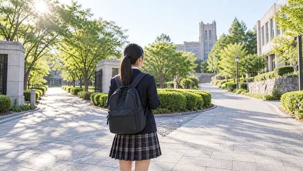 緑の並木道を歩いて大学のキャンパスへ向かう制服の高校生の後ろ姿