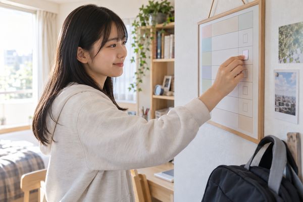 自分の部屋の壁に貼った予定表へ、次の評価までに変える行動の付箋を1枚貼る高校生