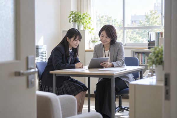 進路指導室で、先生が受験生へ共通テスト出願サイトの案内を見せながら手続を説明している場面
