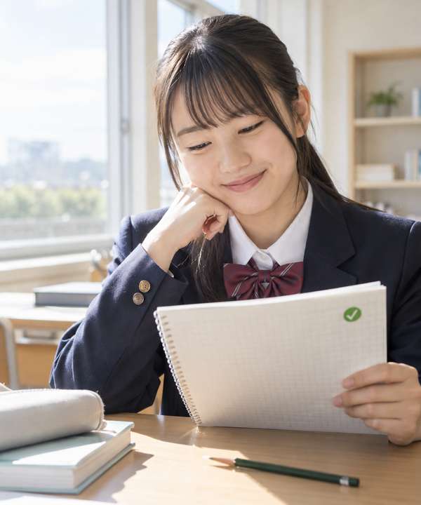 教室の窓際で、制服姿の高校生が検算を終えた方眼ノートを手に持ち、うれしそうに見返している様子