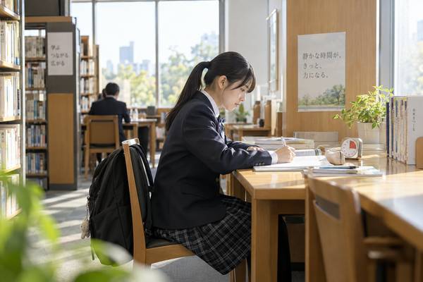 放課後の図書室で、制服の中学生が窓際の机で問題集に向かい、机上に学習タイマーを置いて時間を区切って勉強している様子