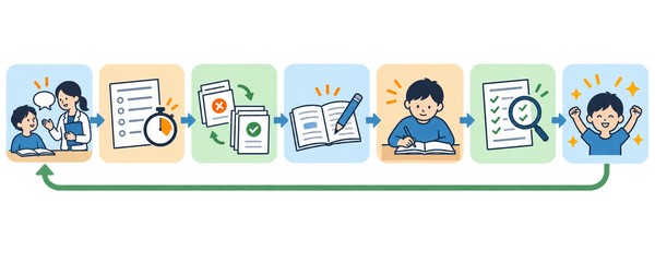 先生への確認から時間を測って解く、失点を分ける、教科書とワークで補強する、解き直す、別の問題で確かめるまでの7日間の流れを示した図解