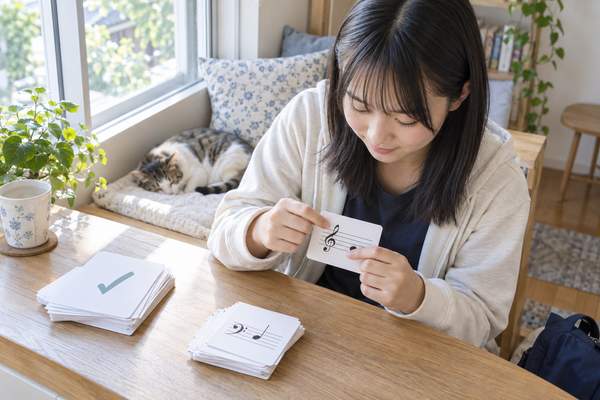 自宅の窓辺で、中学生が答えられたカードの束を分けながら残りのカードだけを自分でテストしている様子