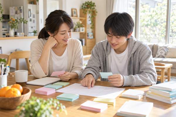 日曜の朝に親子がダイニングで学習カードと週間表を見直している