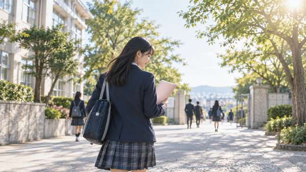 模試を終えた直後に配られた問題と解答を手にして校門へ歩く制服姿の高校生