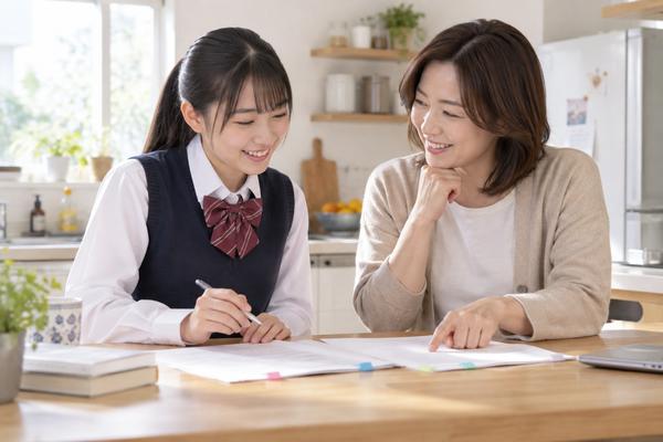 付箋を貼った模試の成績表を広げ、母親と高校生が今回減った失点を確認している様子