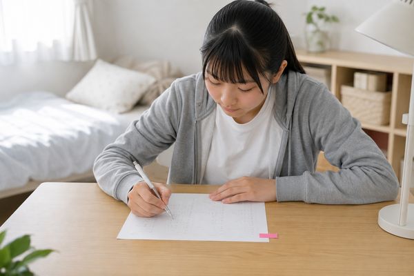私服の中学生が自分の部屋の机で、付箋を貼った一教科のプリントに向かって集中して書き直している様子