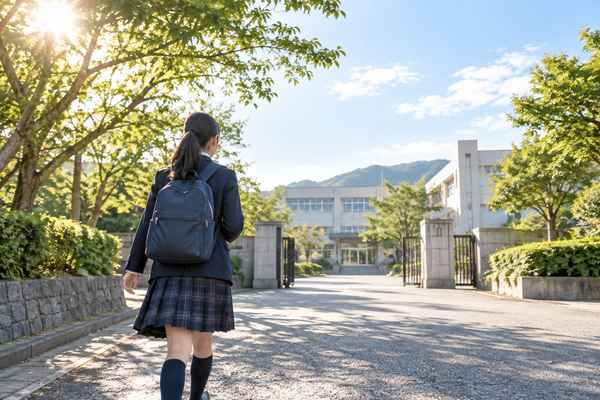 朝の通学路を校門へ向かって歩いていく中学生の後ろ姿