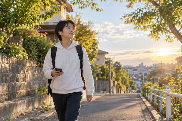 夕方の坂道を、リュックを背負った中学生が前を向いて歩いている様子