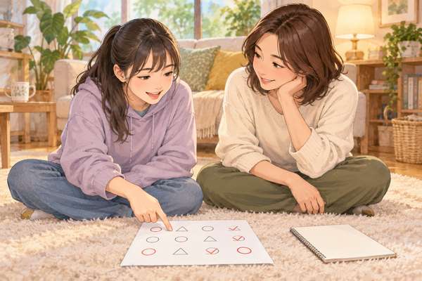 リビングで母親と子どもが並んで座り、その日にやると決めたことに印をつけた表を一緒に見ている様子