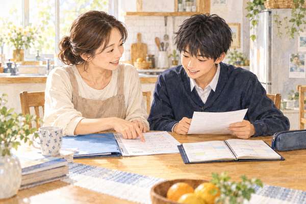 リビングで母親と中学生が並んで座り、答案と通知表を一緒に見ながら次にやることを話している様子