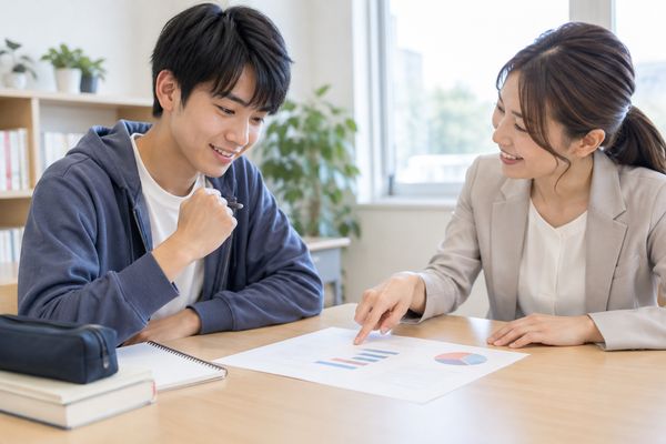 塾の机で、私服の生徒と女性講師がテスト結果のグラフを指しながら、次に何を変えるかを話し合っている様子