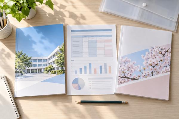 机の上に、志望高専の募集要項と自分の通知表、過去問の得点記録に見立てた3種類の資料を並べた俯瞰写真