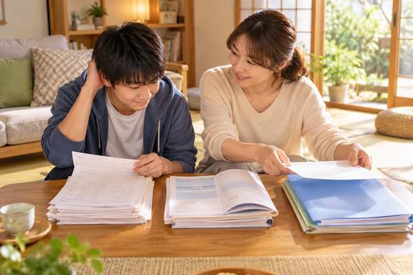 自宅のテーブルで、私服の中学生と母親が答案やプリントを並べ、責めずに一緒に見直している様子