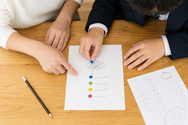 一枚の紙に書いたもつれた線から4つの項目へ矢印を引き、保護者と中学生が並んで確認している手元