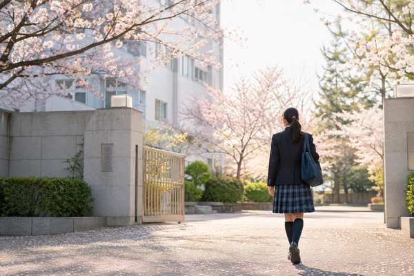 桜が咲く春の校門へ向かって、制服姿の中学生が前を向いて歩いていく後ろ姿