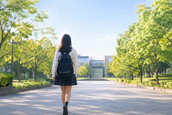 朝の並木道を歩いて自分で選んだ学校へ向かう制服の高校生