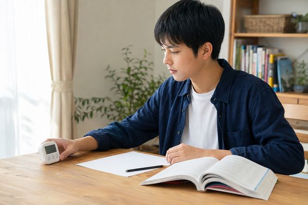 自宅のテーブルでタイマーをセットし、模試で間違えた問題の解き直しを始めようとしている高校生