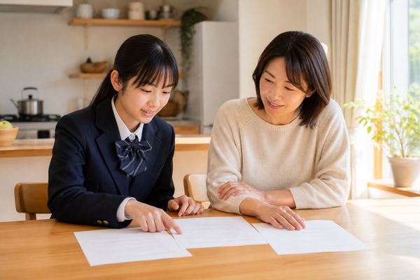 ダイニングテーブルに3枚の資料を並べ、横に並んで話し合う母親と中3の娘