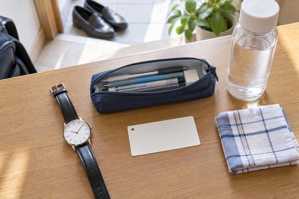玄関の台に腕時計と筆箱と水筒を並べたテスト当日の持ち物