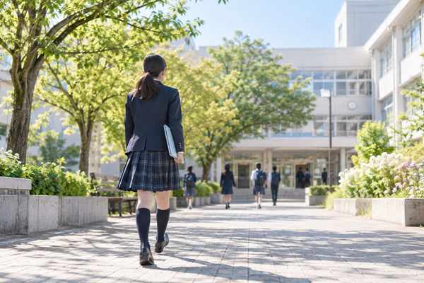 朝の並木道を通って校舎へ向かって歩いていく制服の中学生の後ろ姿