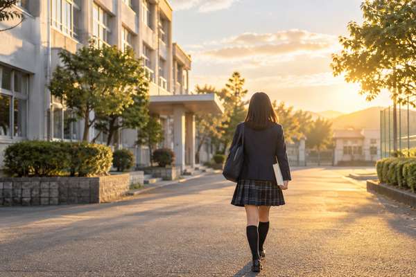 夕日の差す並木道を、模試を終えて前を向いて歩いていく制服の高校生の後ろ姿