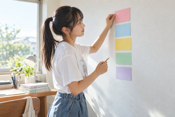 壁に色分けした付箋を貼りながら、夏休みに直す単元と期限を並べて計画表を作っている高校生