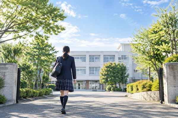 晴れた日の校門から、制服の中学生が校舎へ向かって歩いていく後ろ姿。次の一手を決めて進み出す様子