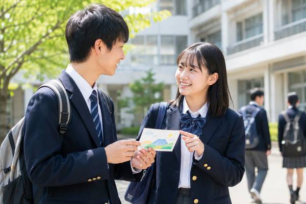 校庭で制服の高校生2人が、英語で書いた手作りのカードを見せ合いながら笑顔で話している様子