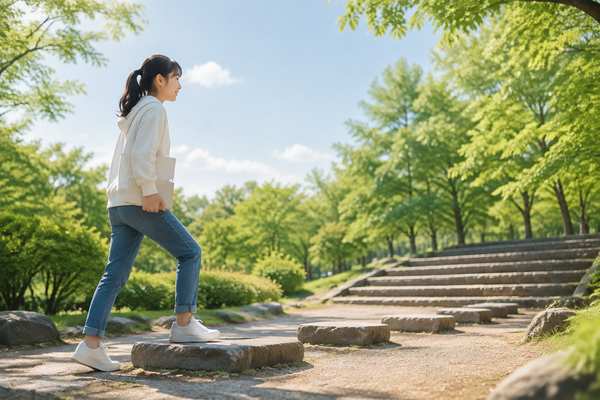 参考書を持った私服の高校生が、公園の小径で低い飛び石の一つ目に足をかけて歩き出そうとしている様子
