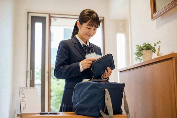 翌日の授業に必要な道具を玄関で確認して笑顔になる制服の中学生
