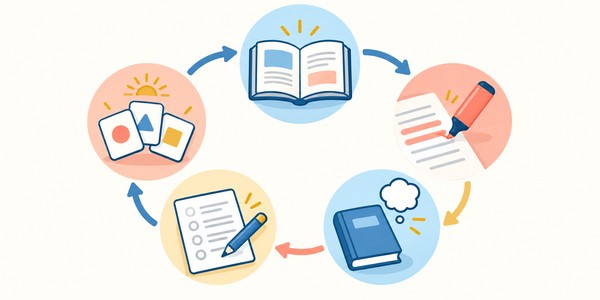 漢文早覚え速答法の5ステップを、公式を読む・例文の目印に線を引く・本を閉じて再現する・練習問題で使う・翌日に混ぜて再テストする、の5つのアイコンで円状につないだ図解