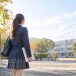 秋の校門前で共通テストの問題冊子を手に校舎へ向かう制服の高校3年生