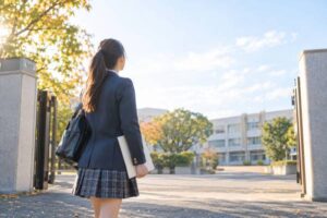 秋の校門前で共通テストの問題冊子を手に校舎へ向かう制服の高校3年生