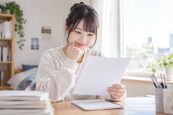 明るい窓辺の机で、浪人生の女性が模試の結果を1枚手に取り、落ち着いた表情で自分の数字を確かめている様子