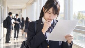 返却された数学のテストを見返し、最初に止まった場所を探している高校生