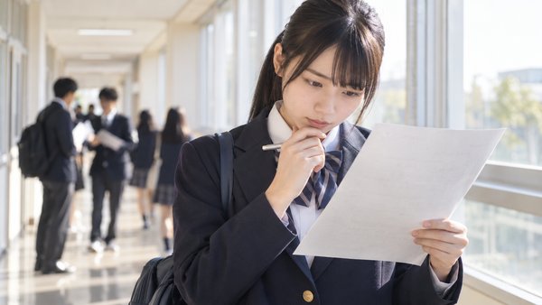 返却された数学のテストを見返し、最初に止まった場所を探している高校生
