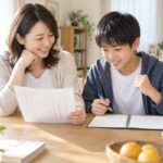 中学1年生の通知表を食卓で一緒に見ながら、次の学期の話をしている保護者と男子生徒