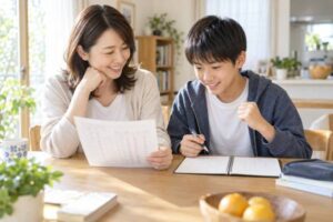 中学1年生の通知表を食卓で一緒に見ながら、次の学期の話をしている保護者と男子生徒