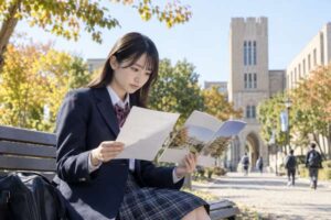 大学キャンパスのベンチで、募集要項と大学案内を見比べて志望校の目標得点率を考える制服姿の高校生