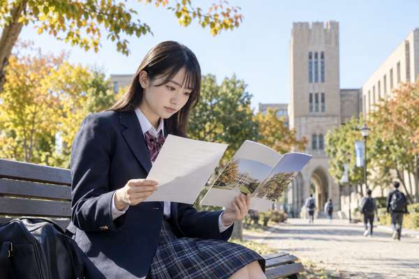 大学キャンパスのベンチで、募集要項と大学案内を見比べて志望校の目標得点率を考える制服姿の高校生