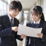 明るい校舎の廊下で、年間予定表を一緒に見ながらテスト日を確認している制服姿の中学生2人